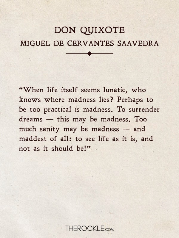 “When life itself seems lunatic, who knows where madness lies? Perhaps to be too practical is madness. To surrender dreams — this may be madness. Too much sanity may be madness — and maddest of all: to see life as it is, and not as it should be!” - Don Quixote, Cervantes (Quotes from classic books)