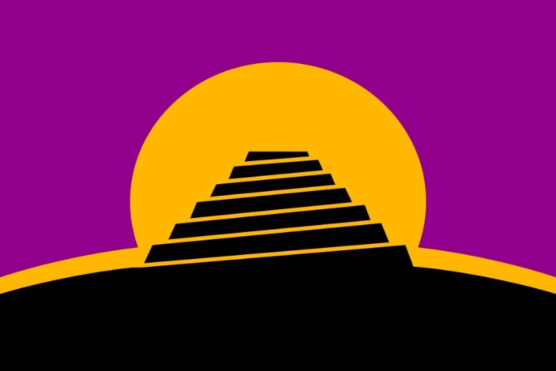 Conlang flag picturing the Tower of Babel against the rising sun