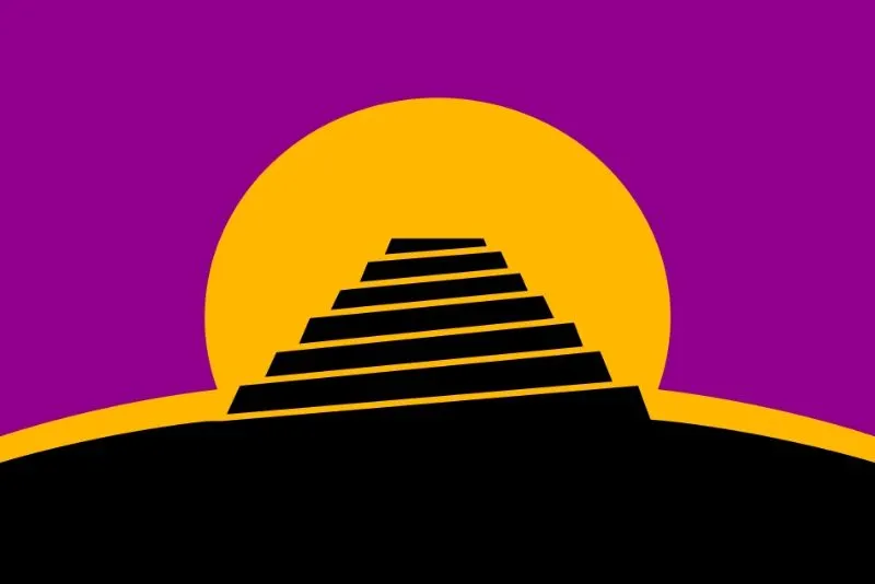 Conlang flag picturing the Tower of Babel against the rising sun