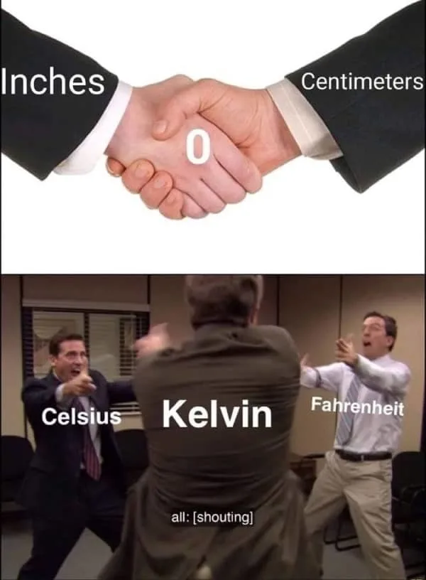 Kelvin, Celsius and Farenheit funny meme