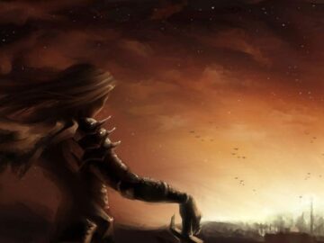woman warrior holding a sword and looking into distance