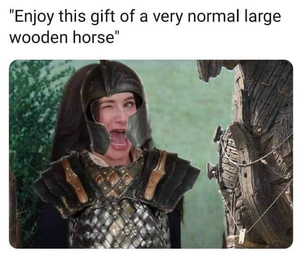 Meme divertido de la historia sobre el caballo de Troya