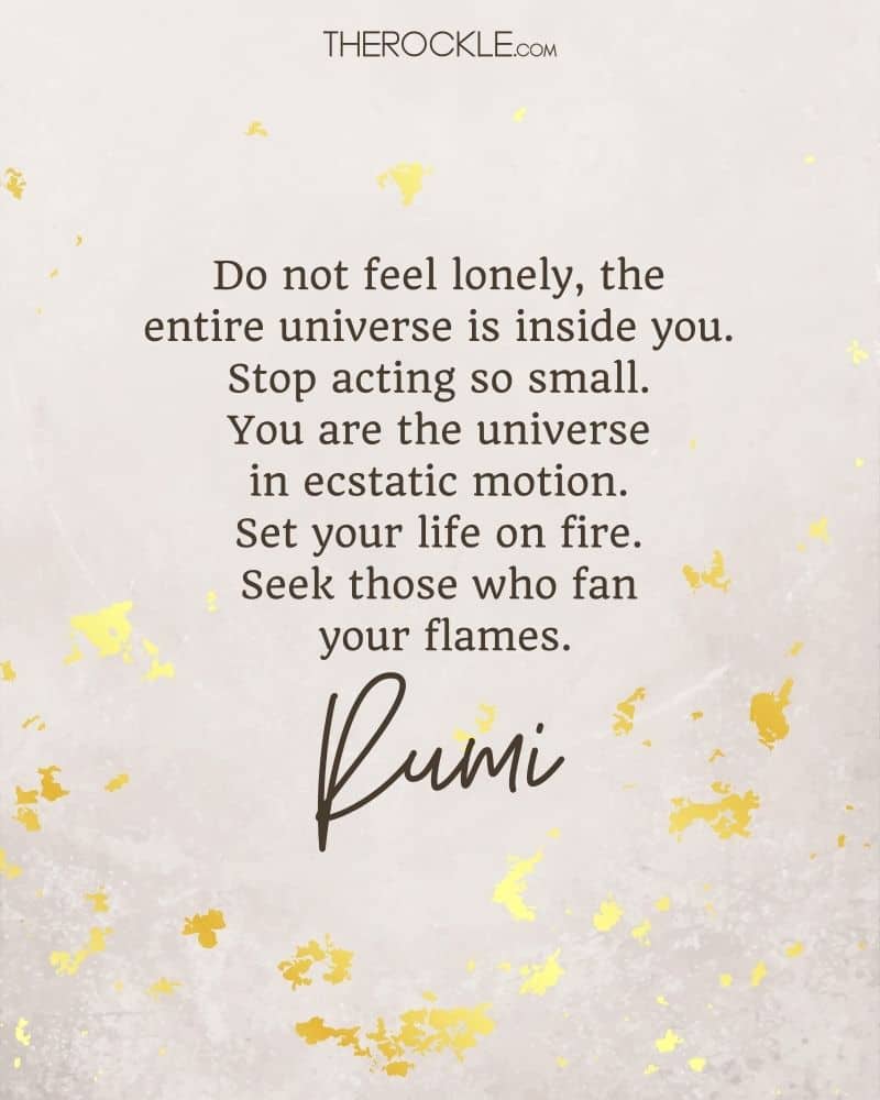 جلال‌الدین رومی می‌گوید: احساس تنهایی نکن، تمام هستی در درون توست. دست از این کار کوچک بردارید شما هستی در حرکت وجد. زندگی خود را به آتش بکشید. به دنبال کسانی باشید که شعله های شما را شعله ور می کنند.»
