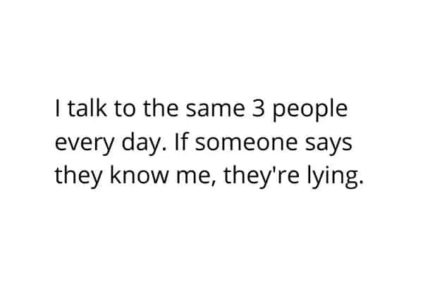 funny introvert meme: I talk to the same 3 people everyday. If someone says they know me they're lying