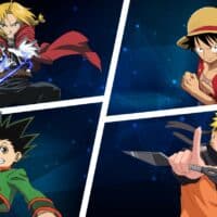 a collage of shounen heroes: Edward Elric, Monkey D. Luffy, Naruro and Gon Freecs