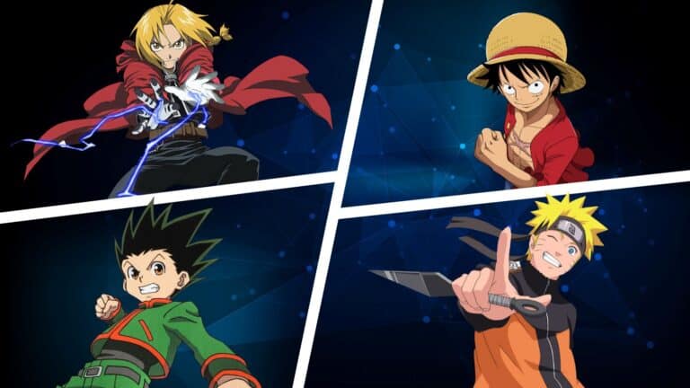 a collage of shounen heroes: Edward Elric, Monkey D. Luffy, Naruro and Gon Freecs