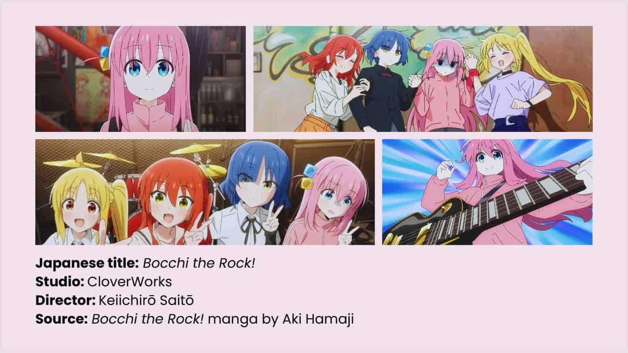 Collage of images from Bocchi the Rock anime and info about studio, director and manga